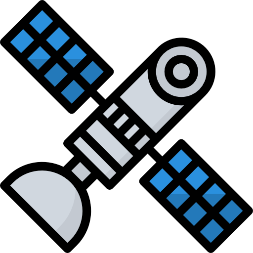 Grey satellite with blue attachments.