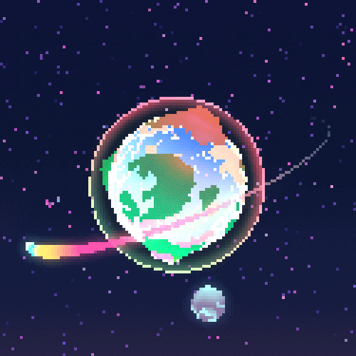 Animated rotating colorful planet with comet circling it.