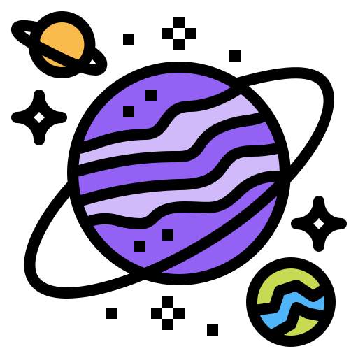 Purple planet with a yellow and green planet around it.